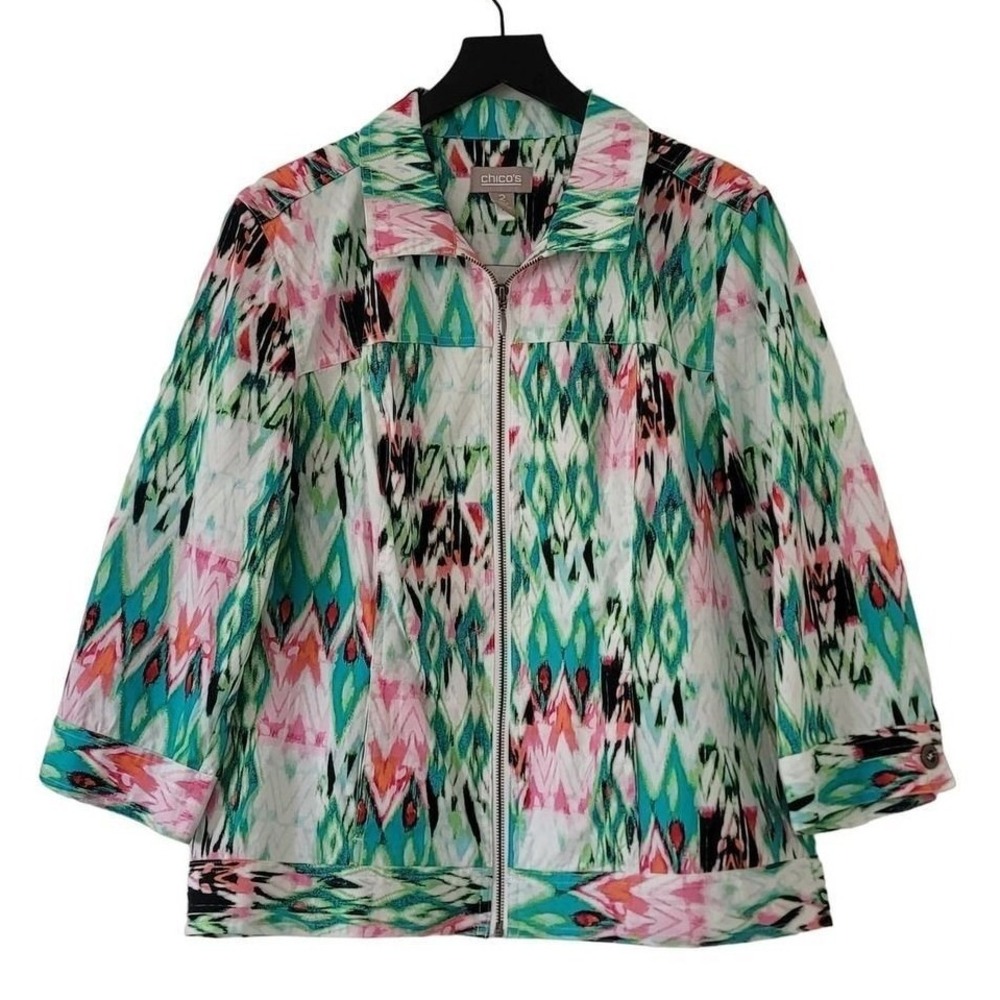 Chicos Jacket L Multicolor 3/4 Sleeve Full Zip Pockets Colorful Lightweight‎
